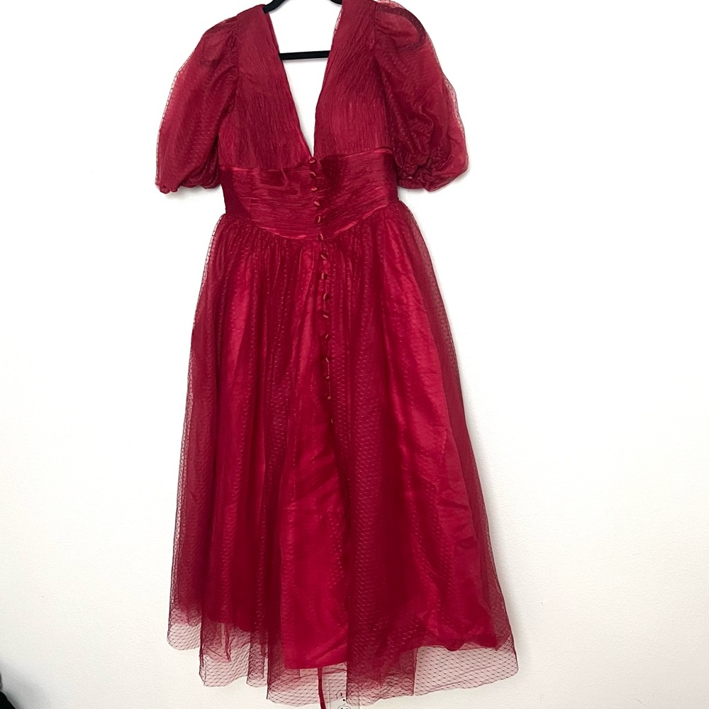 Flattering Red Midi Dress with Puff Sleeves